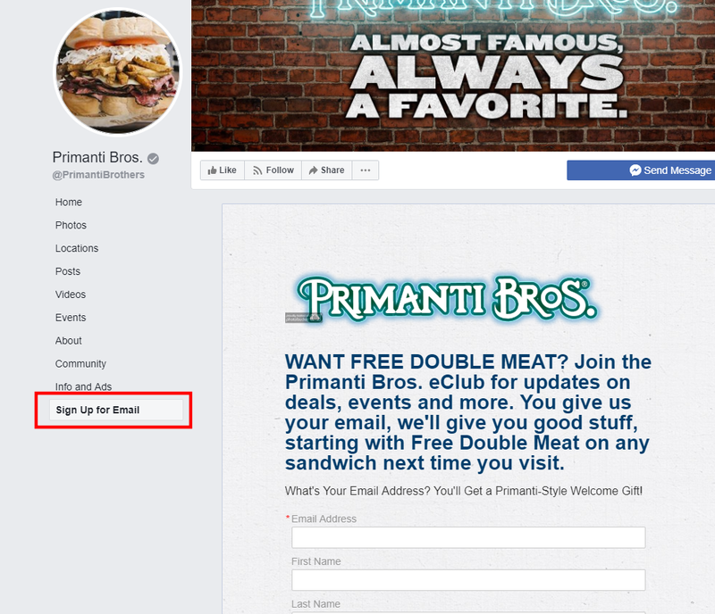 Sign up for Email Section on Restaurants Facebook Page