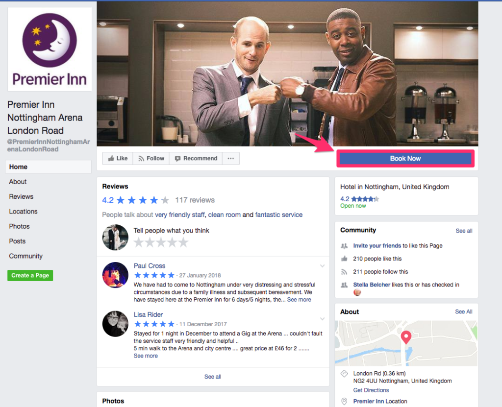 Premier Inn Hotel Facebook Page With Book Now CTA